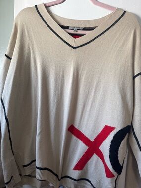 Lisa Todd Cream V-Neck Sweater with Red XO and Black Trim